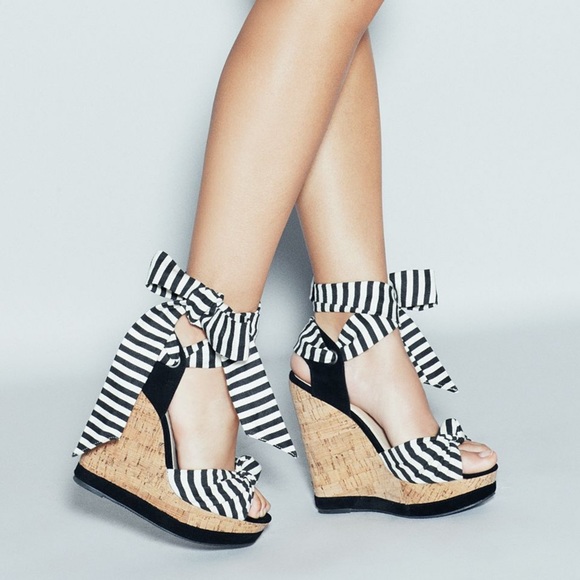 NWOT Shoemint Open Toe Striped Cork Platform Wedges Lace Up Ties Black White 5.5 - Picture 15 of 16